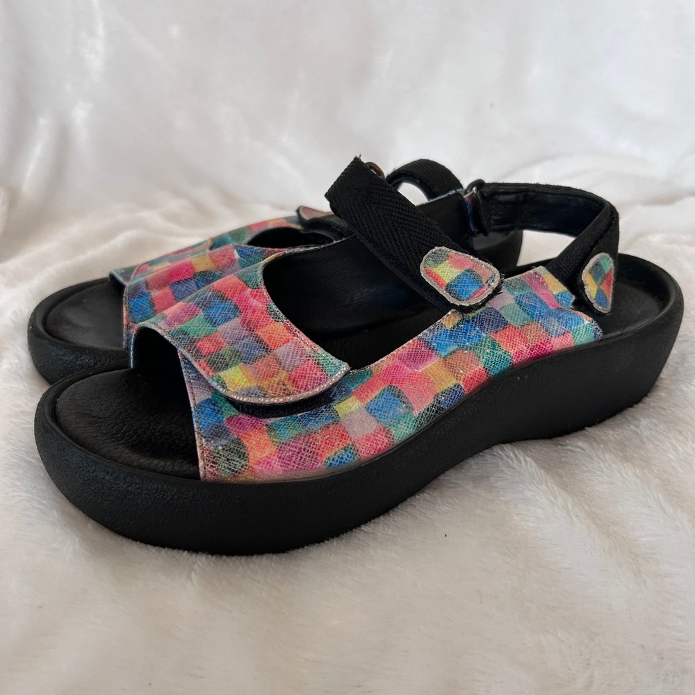 Wolky Platform Sandals Women 38 Rainbow Checkered Strappy Comfort Boho